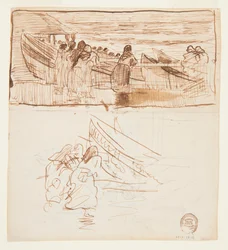 Dvě studie žen stojících za zábradlím, pohled na uvedení Dories, Cullercoats, Anglie