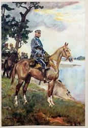 Jezdecký portrét Marechala Jozefa (Josepha) Klemense Pilsudského (1867-1935) na jeho oblíbeném koni Kasztanka. Obraz Woiciech von Kossak (1857-1942)