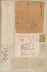 Stránka z Scrapbook obsahující kresby a několik tisků architektury, Int..., ca. 1800-1850. Tvůrci: Workshop Charlese Perciera, Workshop Pierra Françoise Léonarda Fontaina.