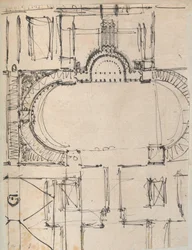 Stránka z Scrapbook obsahující kresby a několik tisků architektury, Int..., ca. 1800-1850. Tvůrci: Workshop Charlese Perciera, Workshop Pierra Françoise Léonarda Fontaina.