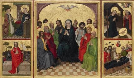 Retable of the Holy Spirit open. Letnice, zvěstování, narození, vzkříšení Krista a smrt Panny, c. 1448
