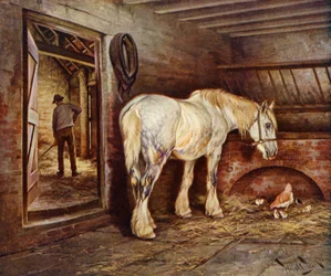 Konec dne - farmářský kůň se vrací domů (barva litho)