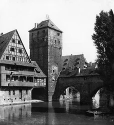 Henkersteg The Hangmans Bridge, Norimberk, Bavorsko, Německo, c 1900.