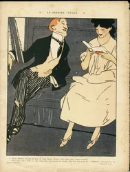 Ilustrace Xaviera Gose (1876-1915) v Le Lire, 27/08/10 – První cesta – železniční vlak, pánská móda, cizoložství