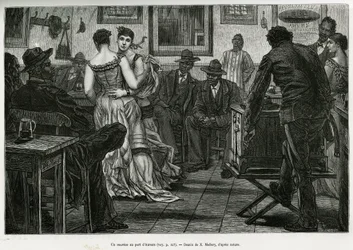 Musico v antverpském přístavu, kde mohou námořníci pít a tančit za zvuku pichlavých varhan. Rytina od X.Melleryho pro ilustraci příběhu Belgie od Camille Lemonnier, publikovaná v Tour du monde, editoval Edouard Charton (1807-1890)
