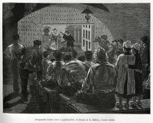 Sklep a Polichinelles, sklep určený pro loutková představení. Rytina od X.Melleryho pro ilustraci příběhu Belgie od Camille Lemonnier, publikovaná v Tour du monde, editoval Edouard Charton (1807-1890)