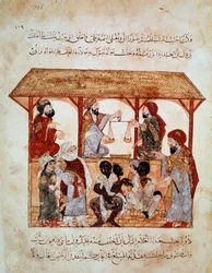 Pochod otroků v Zabid (Zebid), Jemen. Miniatura v „“ The Seances. Al-Maqamat“ (folio 105) osvětlené Yahya ibn Mahmud al-Wasiti a napsané Hariri al-Basri, al-Qasim ibn Ali al (1054-1122)