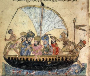 Měšťan al-Harith (Al Harith), syn Hammama, a putující lodivod Abu-Zayd (Abu Zayd) na lodi plující po Eufratu. Miniatura z „Maqamat“ (Sezení) Abu Mohammeda al-Kasima ibn Ali Haririho (nebo Al-Haririho či Al Haririho) (1054-1122)