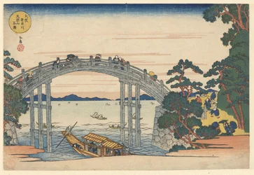 De stenen brug bij de Tenpo berg en de Aji rivier v Ósace Osaka Ajikawa Tenpozan ishibashi (název na objektu) Beroemde kijkjes bij de Tenpoberg v Ósace (název série) Naniwa meisho Tenpozan shokei ichiran (název série)