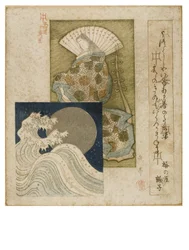 Dvorní dáma Heian Era s velkým vějířem a vložkou stříbrného měsíce a vln ze série Honcho poetry circle, cca 1815-1825 (dřevěný blok na papíře)