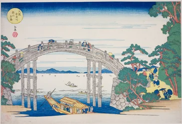 Kamenný most přes řeku Aji poblíž kopce Nii v Ósace (Osaka Ajigawa Niiyama ishibashi), ze série „Slavná místa v Ósace: Krásné výhledy na horu Tenpo (Naniwa meisho Tenpozan shokei ichiran)“