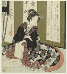 Žena s knihou Série sedmi tisků pro Katsushika Poetry Society (název série) Katsushika shichibantsuzuki (název série na objektu)