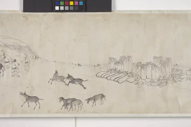 Sto oslů přepravujících obilí, ruční svitek, cca 1700 (inkoust na papíře)