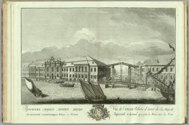Druhý Zimní palác s knihou kanálu a mostu k 50. výročí založení Petrohradu, 1753