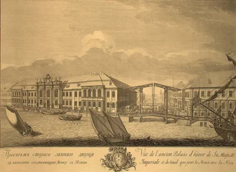 Pohled na druhý Zimní palác s kanálem spojujícím Moiku s Něvou, 1753