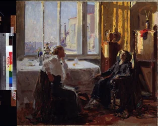 V ateliéru umělce. Obraz Jefima Michajloviče Cheptova (1875-1950). Olej na plátně