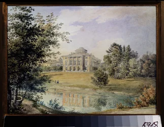 Pohled na Pavlovský palác (Petrohrad). (Pohled na Pavlovský palác). Postaven v letech 1782 až 1786 architektem Charlesem Cameronem. Dílo Jegora Jegoroviče Meiera (1822-1867), akvarel na papíře
