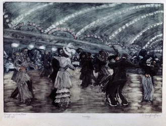 Tango a Luna Park (Tango Dance at Luna Park). Páry tanečníků na široké podlaze, osvětlené ze stropu girlandami světla. Umělecké dílo Yelisavety (Elisabeth) Sergeyevna Kruglikova (Elizaveta Sergeevna Krouglikova) (1865-1941), rytina (