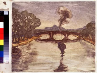 Loď na Seině. (Loď na Seině). Peinture de Yelisaveta (Elisabeth) Sergeyevna Kruglikova (Elizaveta Sergeevna Krouglikova) (1865-1941), estampe (monotyp)