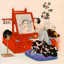 Tradiční japonské divadlo: herec provádí make-up ve své šatně