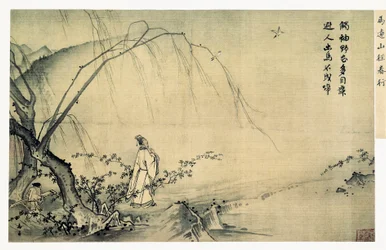 Na horské stezce na jaře (山徑春行), dynastie Song (list alba, inkoust a barva na hedvábí)