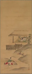 Minamoto no Nakakuni navštěvuje lady Kogo, Triptych závěsných svitků, konec 17. století (inkoust a barva na hedvábí)