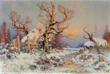 Zimní krajina ve večerním slunci. Obraz Julievich (Julius) von Klever (1850-1924), olej na plátně, konec 19.-začátek 20. století. Ruské umění, realismus. Soukromá sbírka.