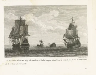 Einde van het gevecht van Jan Bart op 22. května, 1689 Konec boje 22. května 1689, kde Jean-Bart a Forbin, i když nebyli maskováni, se vzdávají pouze tehdy, když jsou ujištěni o ústupu své flotily (titul na předmětu) Sbírka bojů Jean-Bart, náčelníka Es