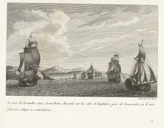 Jan Bart voor de Engelse kust bij Newcastle, 1692 V listopadu 1692 Jean-Bart sestupuje na pobřeží Anglie poblíž Newcastlu, kde přispívá několika vesnicemi (název na předmět) Kompilace bojů Jeana-Barta, velitele křídla tak