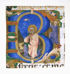 Král David v modlitbě v iniciále B, ca. 1450.