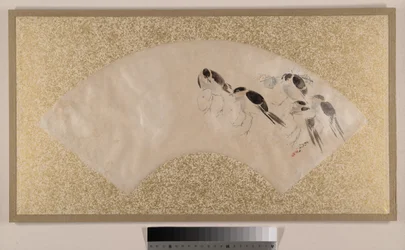 Ptáci, konec 19. století (vějířová malba v podobě albového listu; tempera na papíře)