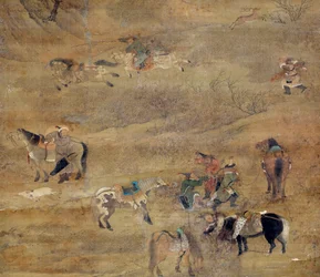 Mongolský jezdec honí koně. Detail. Malba na hedvábí od Fou Tchao Mong (1254-1322). Dynastie Yuan (1206-1368 n. l.) Paříž, Guimetovo muzeum, Národní muzeum asijského umění