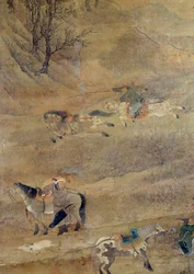 Mongolský jezdec honí koně. Detail. Malba na hedvábí od Fou Tchao Mong