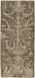 Ozdobný panel s draky, maskami a válečnými nástroji, c. 1505.