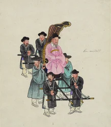Vysoký korejský úředník, možná předseda vlády, nesený na propracované sedanské židli, c. 1890 (akvarel)