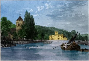 Abbey of Bisham, velitelství templářů, hrabě z Berkshire. cca 1850 (rytina)