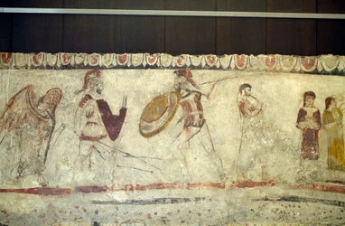 Bitevní scéna mezi dvěma válečníky, freska z Nekropole v Andriuolo-Laghetto v Paestum, Kampánie, Itálie, starověká řecká civilizace, Magna Graecia, 4. století před naším letopočtem (foto)