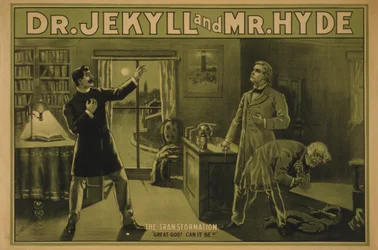 Dr. Jekyll a pan Hyde, kolem roku 1890 (barevná litografie)