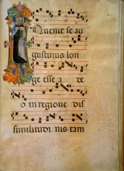 Iluminovaná iniciála s postavou svatého Augustina (Corale 19, kolem 149), dílo Silvestra dei Gherarducci pro sborovou knihu 19 Santa Maria degli Angeli konzervované v Biblioteca Medice-Laurenziana ve Florencii