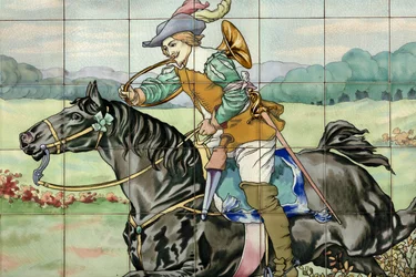 Vnitřní pohled, dlaždicový panel, malíř Furcy Ernest Tondeur, vykonavatel Boch Frères La Louvière, druhý panel ukazuje loveckou scénu s cválajícím jezdcem s loveckým rohem