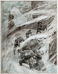 Italští turisté uvízli v bouři v italských Alpách. 1925 (ilustrace)