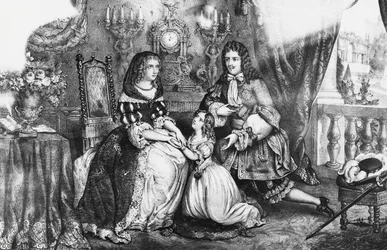 Král Ludvík XIV. a jeho dcera prosí vévodkyni Louise de La Valliere, aby se nestahovala do kláštera
