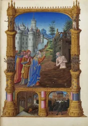 Les Très Riches Heures du duc de Berry, Folio 82r - Práce zesměšňovaná jeho přáteli Musée Condé, Chantilly. Job, jeho žena a jeho přátelé.