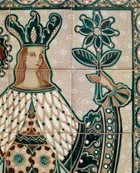 Malovaný panel maioliky zobrazující alegorickou scénu, Santo Stefano di Camastra, Sicílie, Itálie, Detail