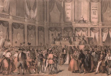 Plebiscit o připojení k Itálii, aula Univerzity v Neapoli, Kampánie, italské Risorgimento, litografie Carlo Perrin z kresby Carlo Bossoli (1815-1884), 22x15 cm