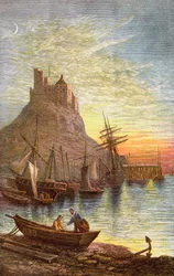 Svatý ostrov Lindisfarne ukazuje hrad.