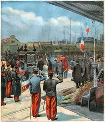 Tělo francouzského průzkumníka Pierra Savorgnana de Brazza rapatriované z Dakaru (Senegal) do Paříže (ilustrace)