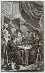 Svátek mnichů porušujících klášterní pravidla. Pijí víno, dvoří se služkám. 18. století (rytina)