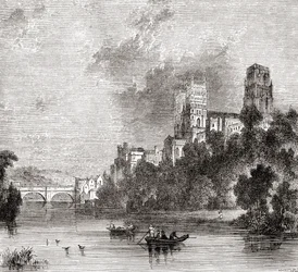 Pohled na Durham a katedrálu, při pohledu z řeky Wear, Durham, Anglie