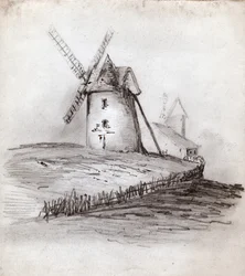 Větrný mlýn v Normandii, Francie. cca 1830 (ilustrace)